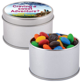 M&Ms in Silver Round Tins